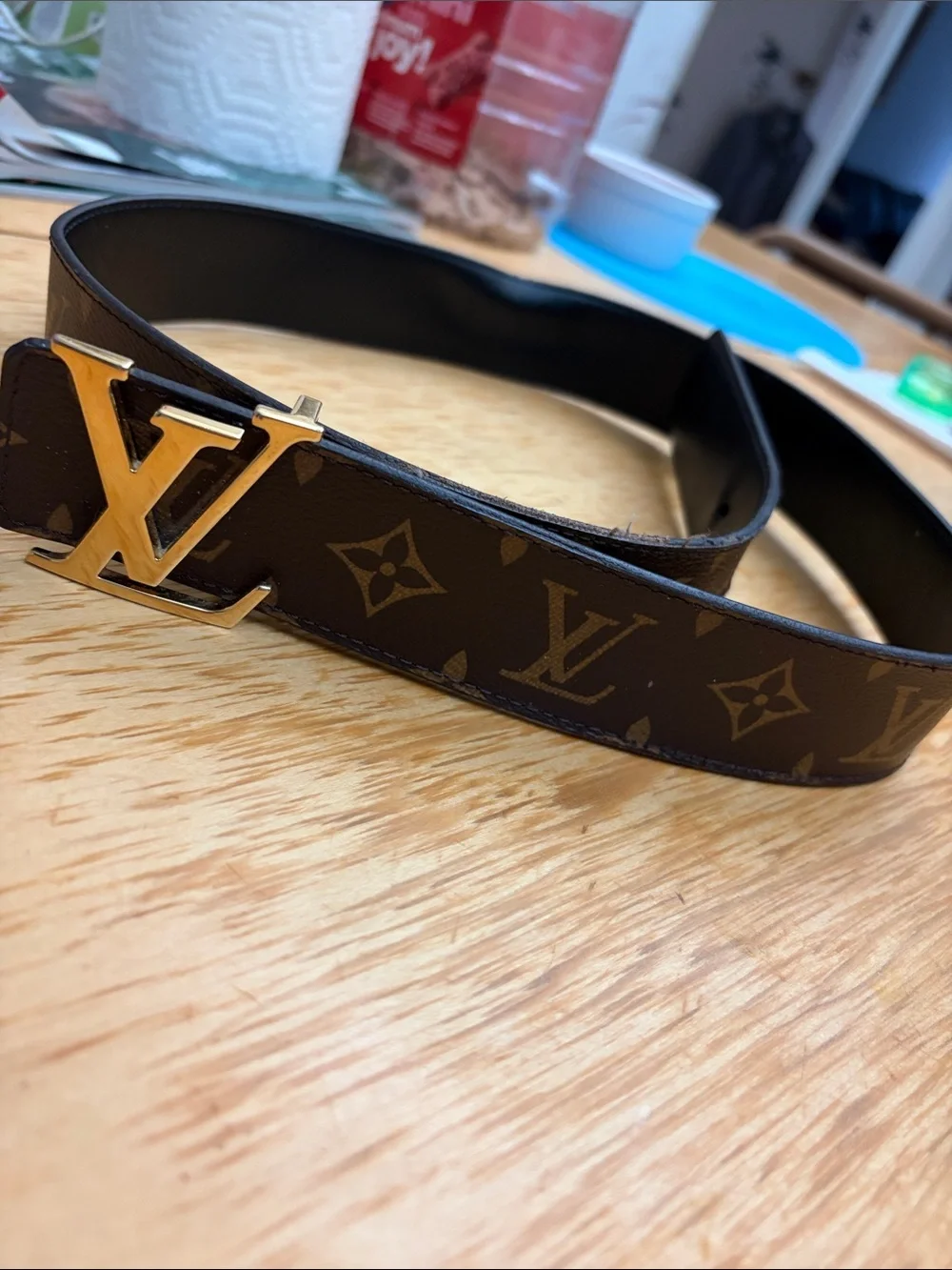 Louis Vuitton Monogram Brown Leather Belt with Gold LV Buckle